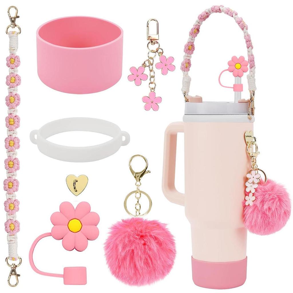 Stanley Water Bottle Accessory Set: Floral Straw Cap with Hand-Woven Rope & Silicone Sleeve for IceFlow Cup
