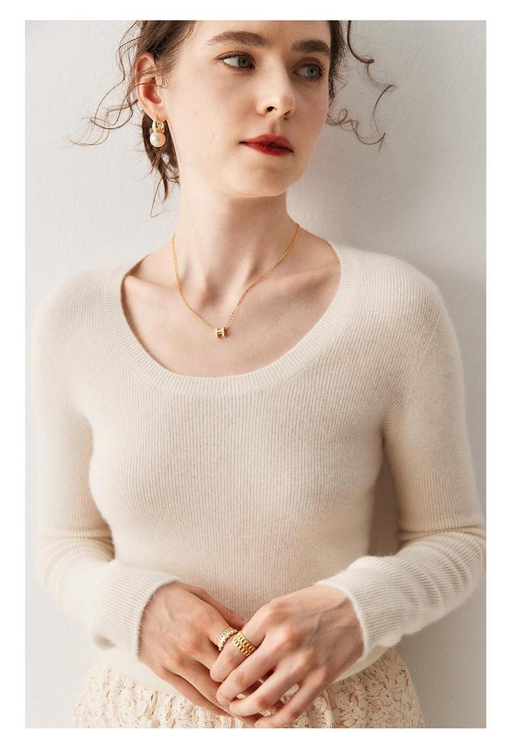 Dames kasjmier trui met U-hals - Geribbelde gebreide slankmakende basislaag voor Herfst/Winter