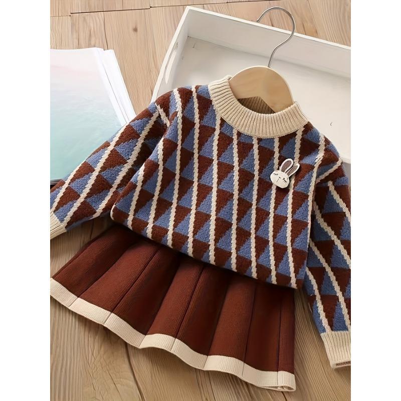 Girls' Sweater Set Autumn/Winter New Fashion Long Sleeve Pullover Knit Warm Two-Piece Outfit, Perfect for Outdoor