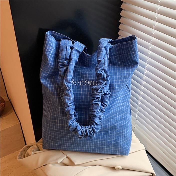 Plátěná dámská nová módní všestranná kostkovaná velkokapacitní taška přes rameno