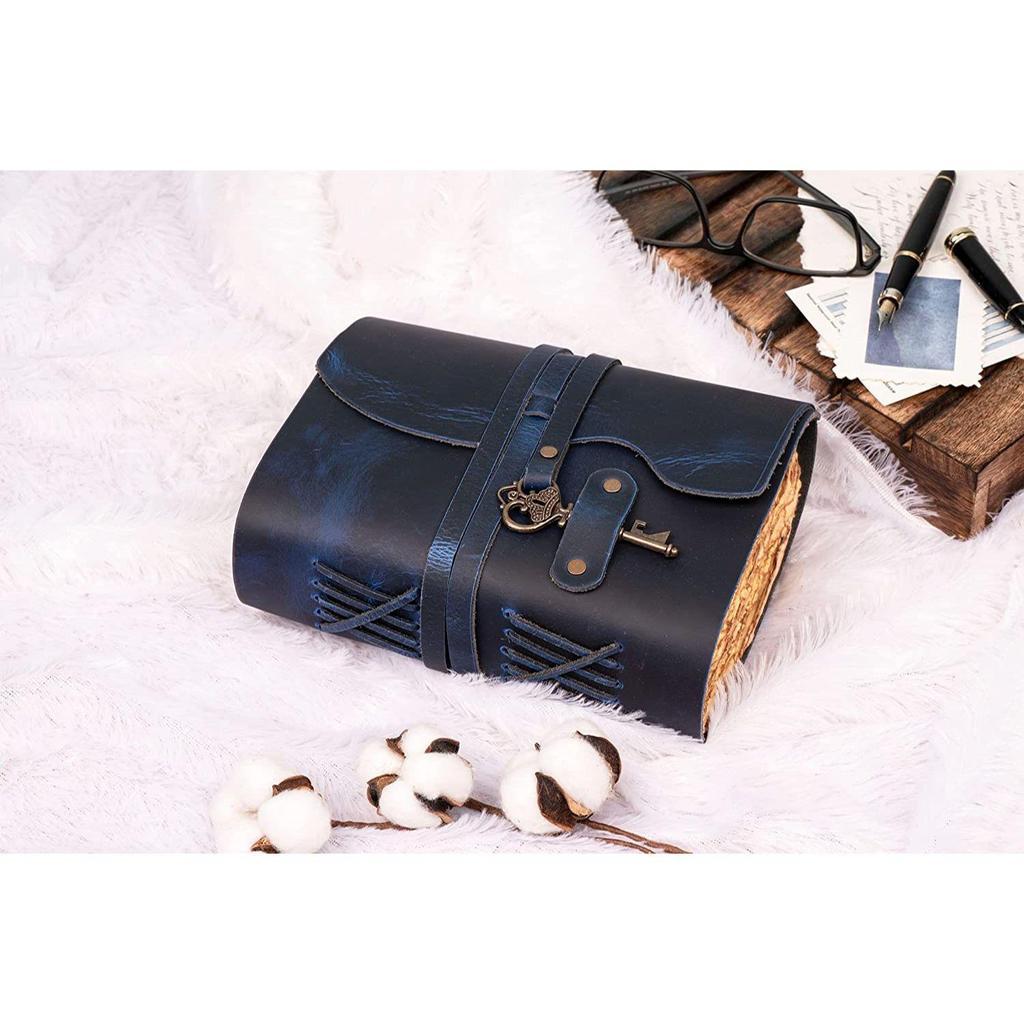 Handmade Vintage Leather Diary -Vintage Handmade Pages - Antique Key Closure - Blue Color. Size 8X6 Inches