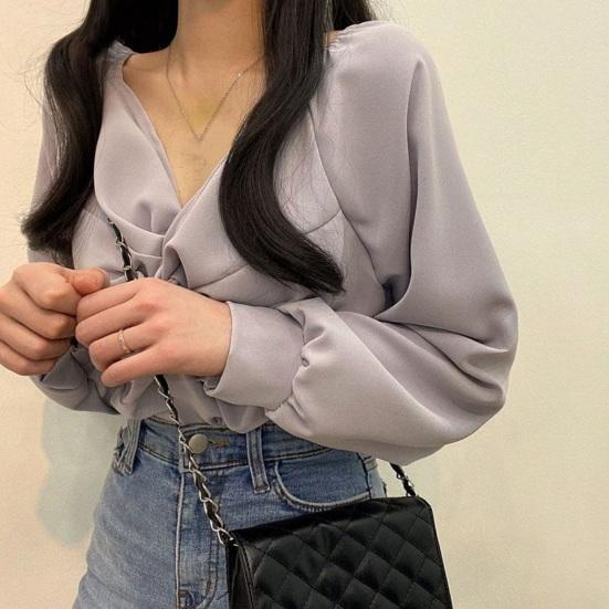 Women Shirt V-Neck Lantern Long Sleeve Pullover Tops Solid Color Knotted Design Regular Fit Tops