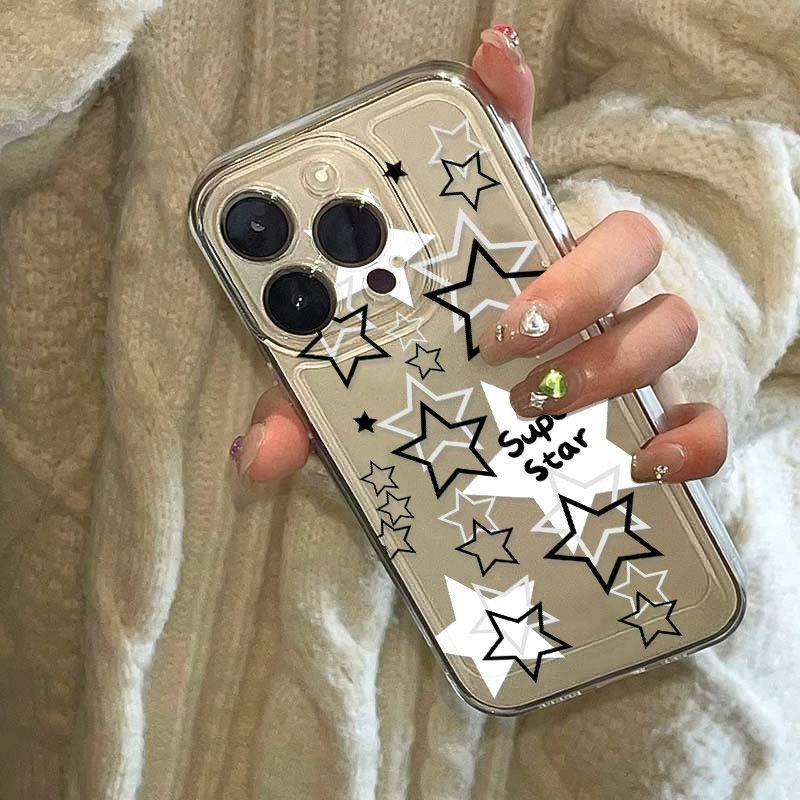 Black and White Hollow Stars for iPhone17promax Space Phone Case 16 Apple 13 All-inclusive 15 Transparent Xs
