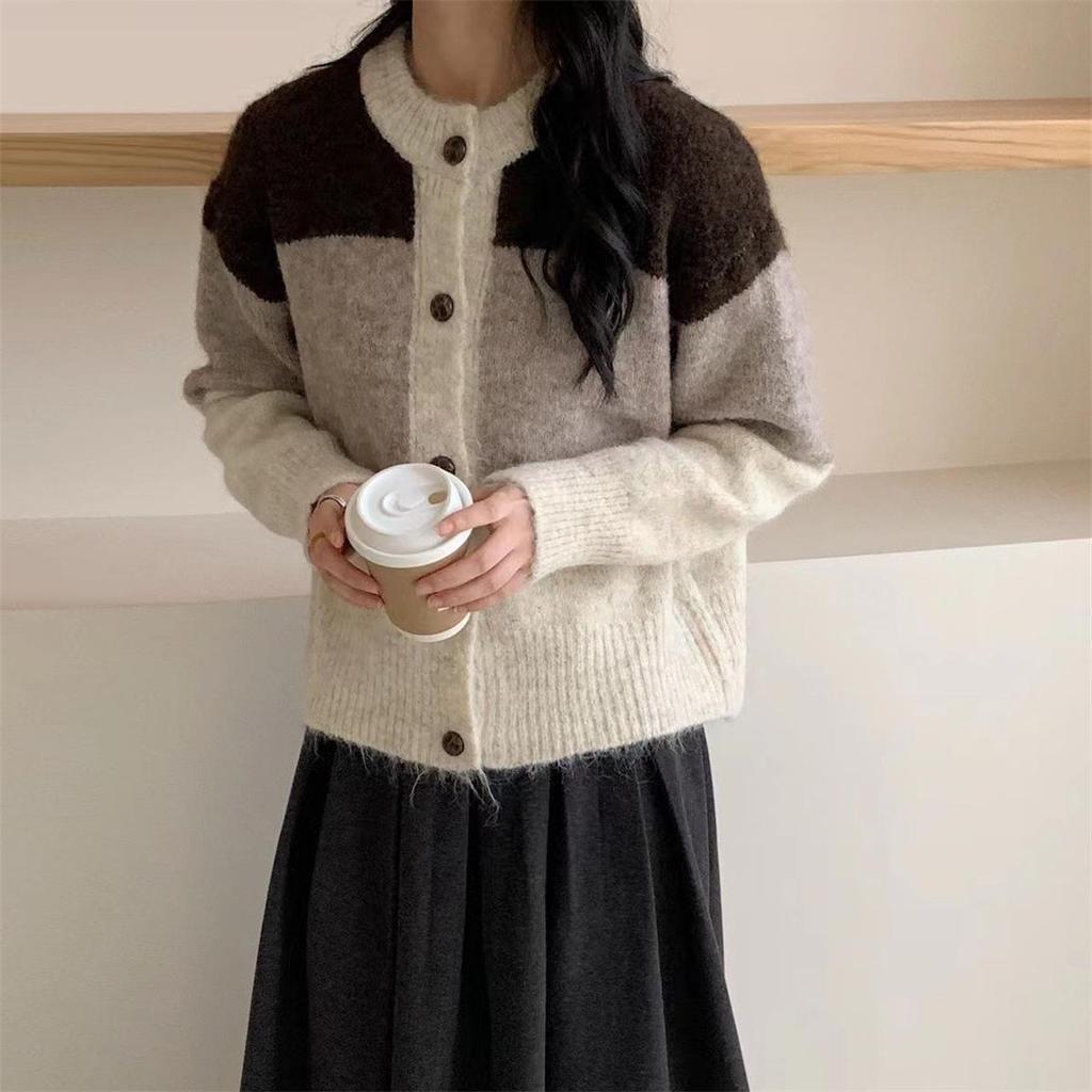 Autumn/Winter 2025 Women's Retro Color Block Striped Knit Cardigan Sweater Coat