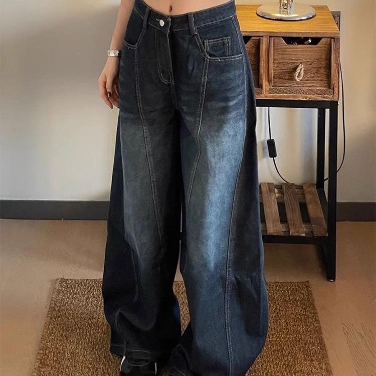 Retro High Street Scimitar Jeans: Women's Washed Wide-Leg Distressed Pants