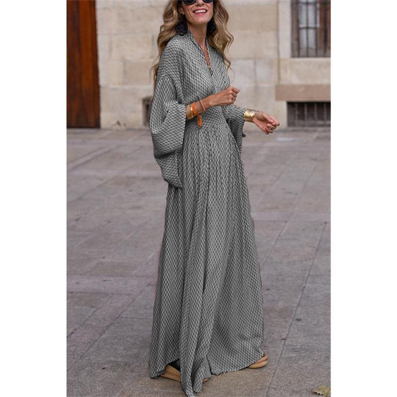 European And American Summer And Autumn Long Sleeved Loose V Neck Waist Large Swing Casual Dress Women
