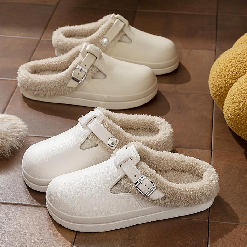 Fashion Winter Warm Fur Clogs Slippers for Women EVA Waterproof Non Slip House Slippers Woman Indoor Outdoor Thick Plush Cotton Shoes
