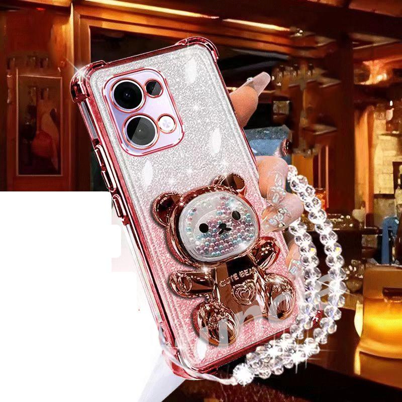 Glitter Bear Bracket Holder Bracelet Case For Huawei Honor X8C X8B X8A X7C X7B X7A X9A X9B X9C X6A X6B Lanyard Shockproof Cover