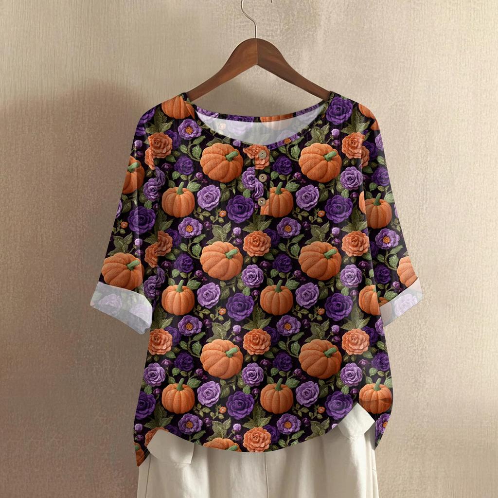 Damska codzienna bluzka z bawełny i lnu z nadrukiem Halloween z okrągłym dekoltem i rękawem 3/4