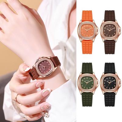 Ceas casual pentru femei, cadran pătrat cu strasuri, curea din silicon, mișcare cu quartz, ceas de mână pentru fete, rochie, elegantă