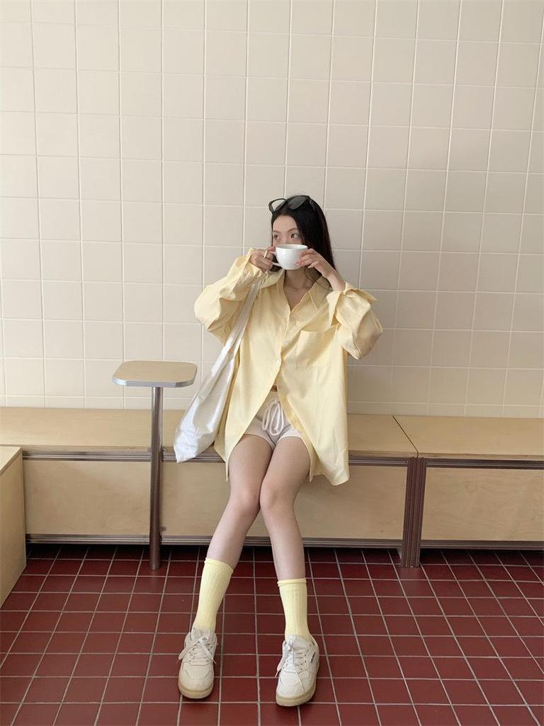 Korean Style Yellow Striped Long Sleeve Mid-Length Shirt Jacket for Women