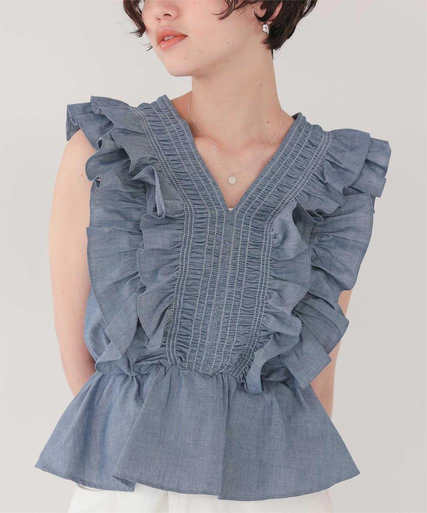 Titibait Shirred Ruffle Sleeveless Blouse AFXP4275 Medium Blue Women's