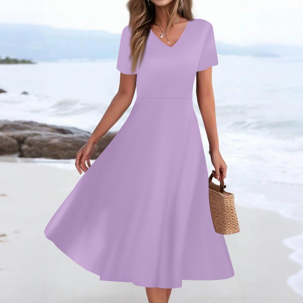 Dámské letní ležérní módní potištěné kapsy s krátkým rukávem V-výstřih volné šaty