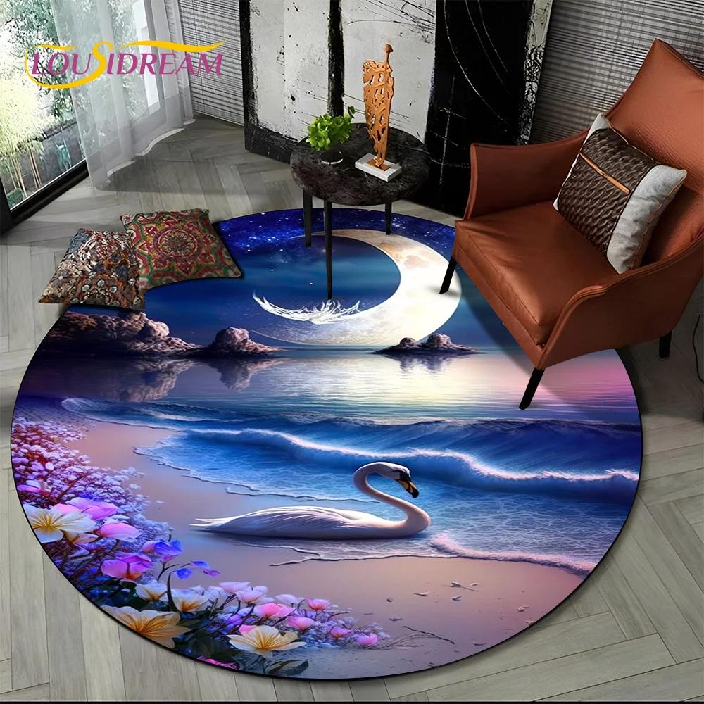 3D Dream Love Swan Cartoon Cygnus Girl Gift Round Carpet Rug for Living Room Bedroom Child Decor,Pet Area Rug Non-slip Floor Mat