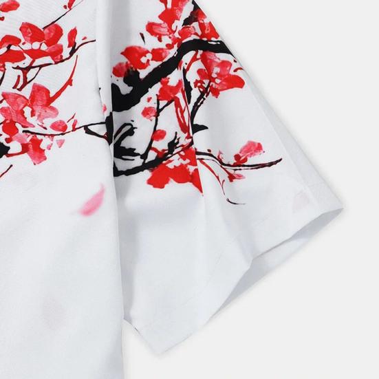 Men Shirt Cardigan Contrast Color Chinese Style Ink and Wash Painting Plum Blossom Summer Top Daily Clothes