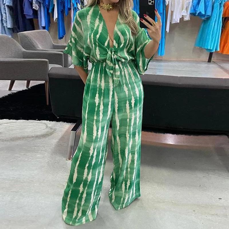 2025 Women's European & American V-Neck Tie-Up Jumpsuit - Sexy Loose Autumn Wear, 3/4 Sleeves.