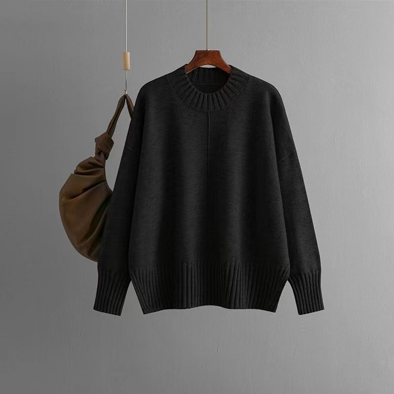 

Fashion Wind New Arrival Pure Color All-Matching Pullover Knitting Long Sleeves Loose Sweater Knitted Loose Sweater Black All yards