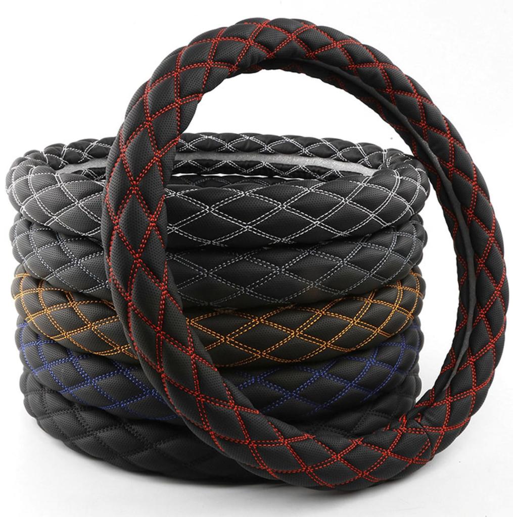 Leather Steering Wheel Cover for Trucks, Dump Trucks, Buses, and Large Vehicles, Anti-Slip (Black x Blue, 40cm) [Parallel Import]