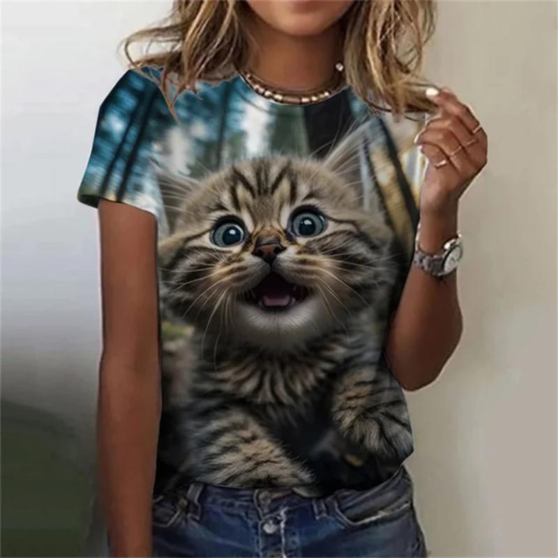 Maglietta da donna alla moda, con stampa 3D, motivo a gatto kawaii, a maniche corte, girocollo, estiva, casual, da strada, semplice