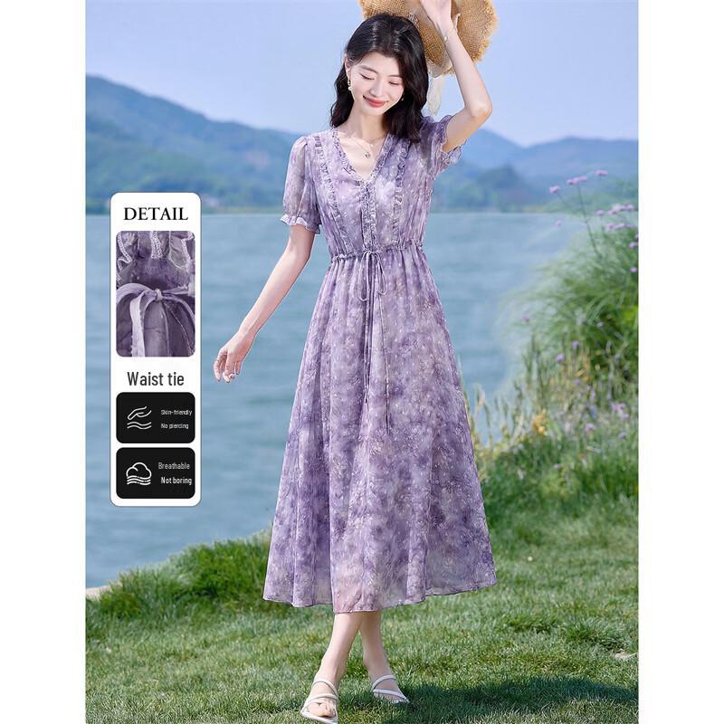 Xinfeiyu Elegant V-Neck Floral Midi Dress M