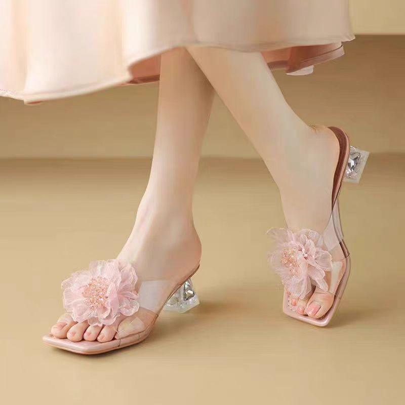2025 summer new popular super fairy flower outer slippers female foreign style with skirt thick heel medium heel cool slippers female
