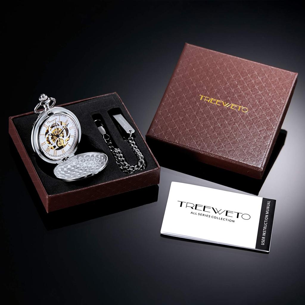TREEWETO Mechanische Taschenuhr mit römischen Ziffern und Skelett Silberkette Handaufzug