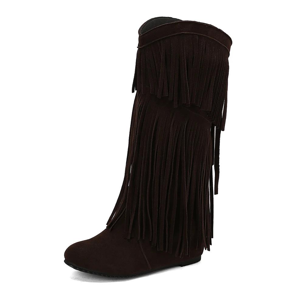 Women's Round Toe Wedges Boots Tassel Winter New Bohemian Flock Mid-calf Boot Female Warm Plush Lined Platform Knee High Boots