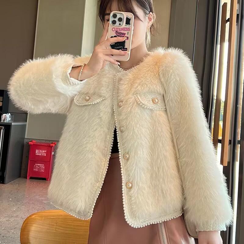 French High-end Coat for Women In Autumn and Winter, New Style, Loose Round Neck, Thickened Imitation Fox Fur Cardigan Top, Trendy