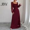 Einfarbiges Outfit Langarm-Kleid mit Blumenspitzenärmeln für Damen, Eckiger Ausschnitt Rüschen A-Linie Partykleid, Schmale Taille Maxi