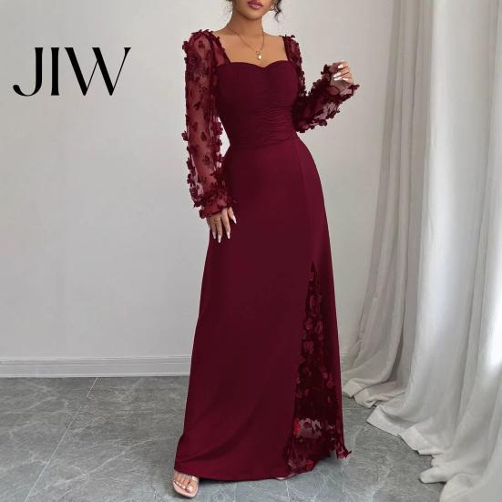 Einfarbiges Outfit Langarm-Kleid mit Blumenspitzenärmeln für Damen, Eckiger Ausschnitt Rüschen A-Linie Partykleid, Schmale Taille Maxi