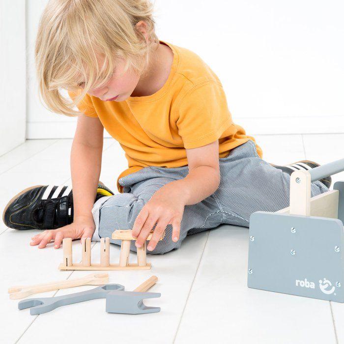 Boite à outils en bois pour enfant - ROBA - 22 pièces - Naturel, gris et blanc