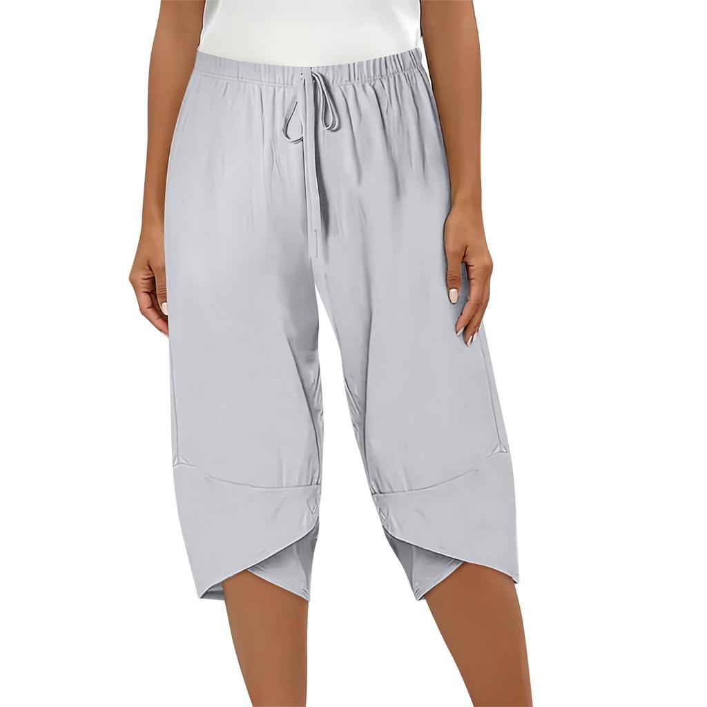 Damen Elastische Hohe Taille 3/4 Hose Lässige Passform Weite Capri-Hosen mit Taschen