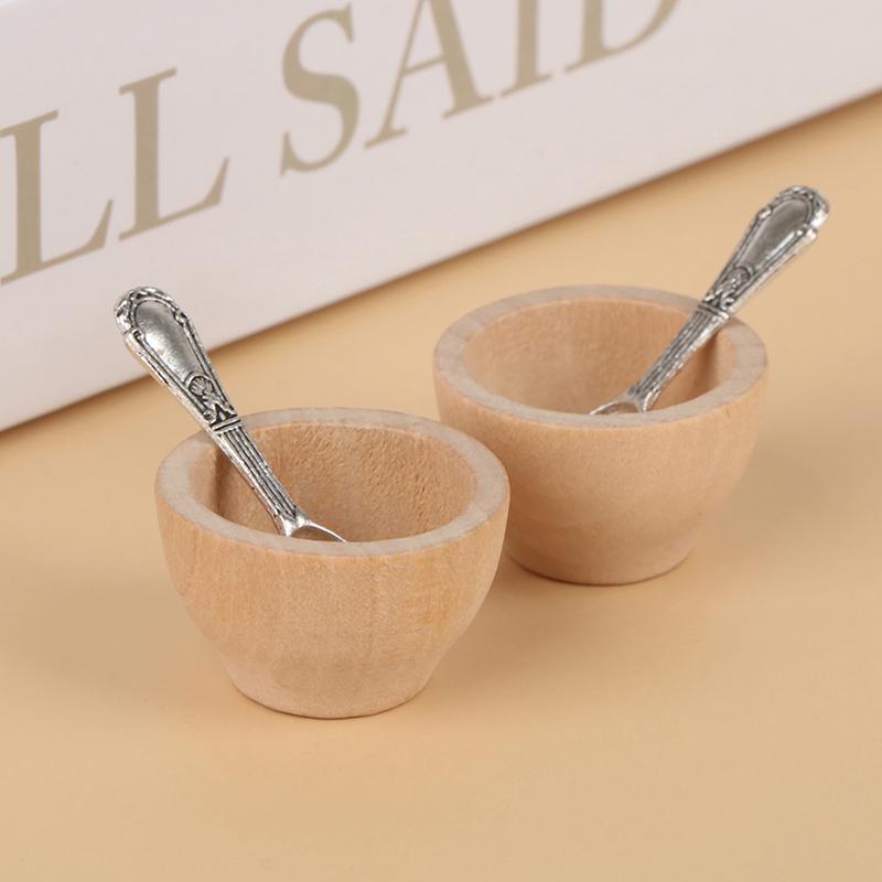 4Pcs/Set Dollhouse Miniature Furniture Small Wooden Bowl Spoon Model Diy