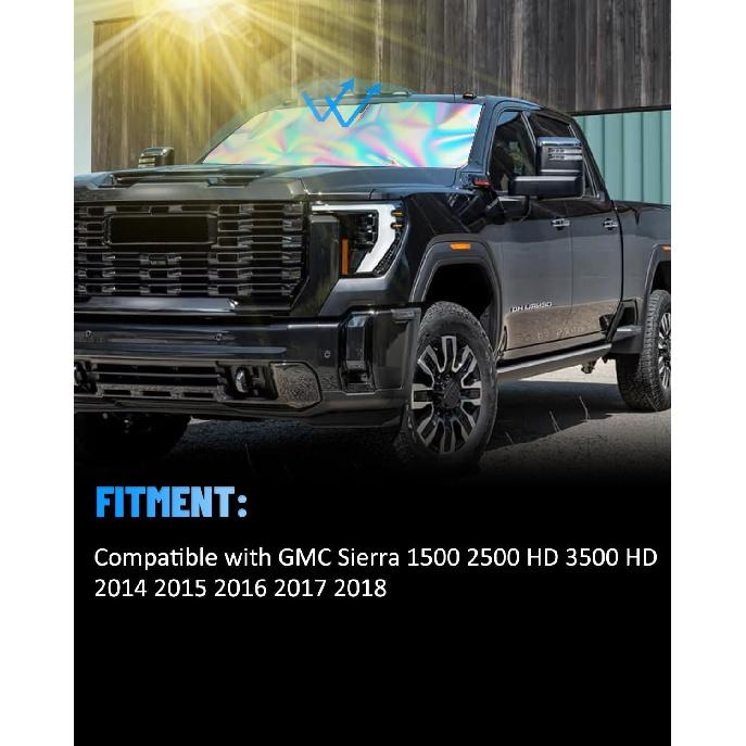 Holographic Reflective Car Windshield Sun Shade Compatible With GMC Sierra 1500 2500 HD 3500 HD 2014-2018, Foldable Reflective Window Sunshade For UV