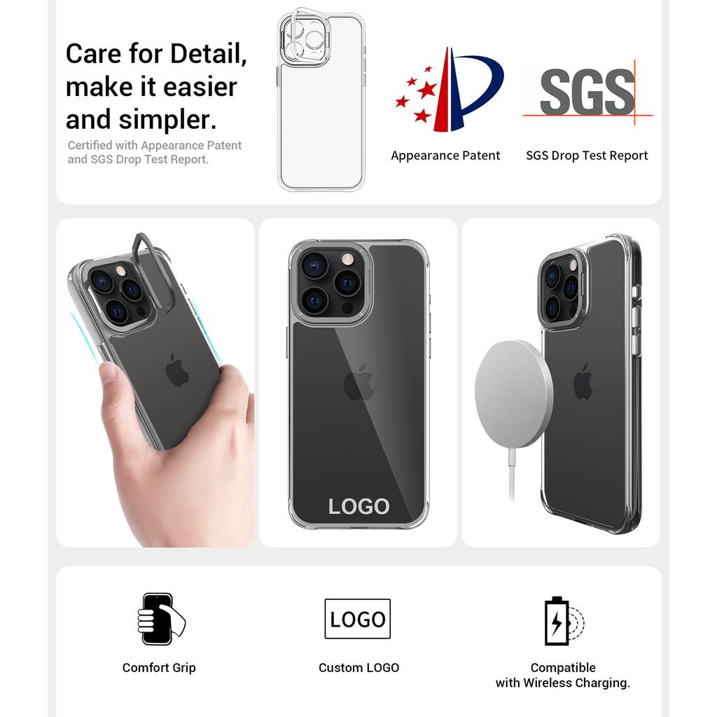 For iPhone 15 Pro Max Case Shockproof TPU+PC Phone Back Cover with Metal Lens Kickstand