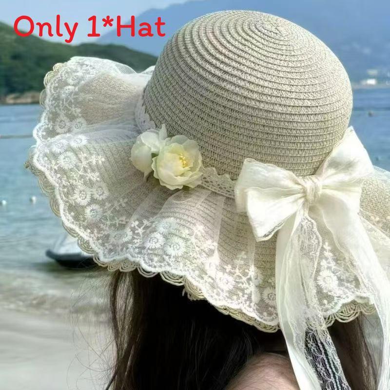 Weaving Lace Bow Sun Hat With Wide Brim For Beach And Vacation