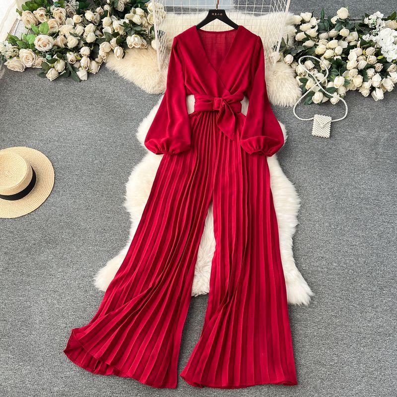 

Puff Sleeves V-neck Lace-up Waist-Tight Pleated Jumpsuit Red One size