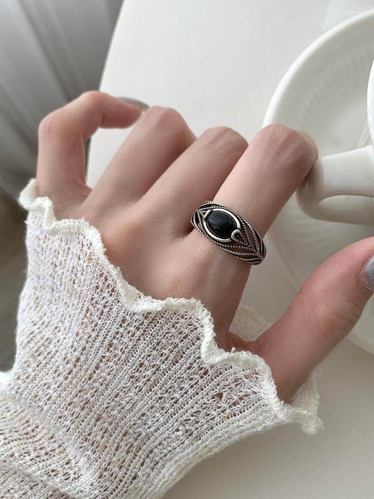 PANJBJ 925 Sterling Silver Black Agate Rings for Women Line Texture Hollow Out Design Retro Jewelry Gift Dropshipping