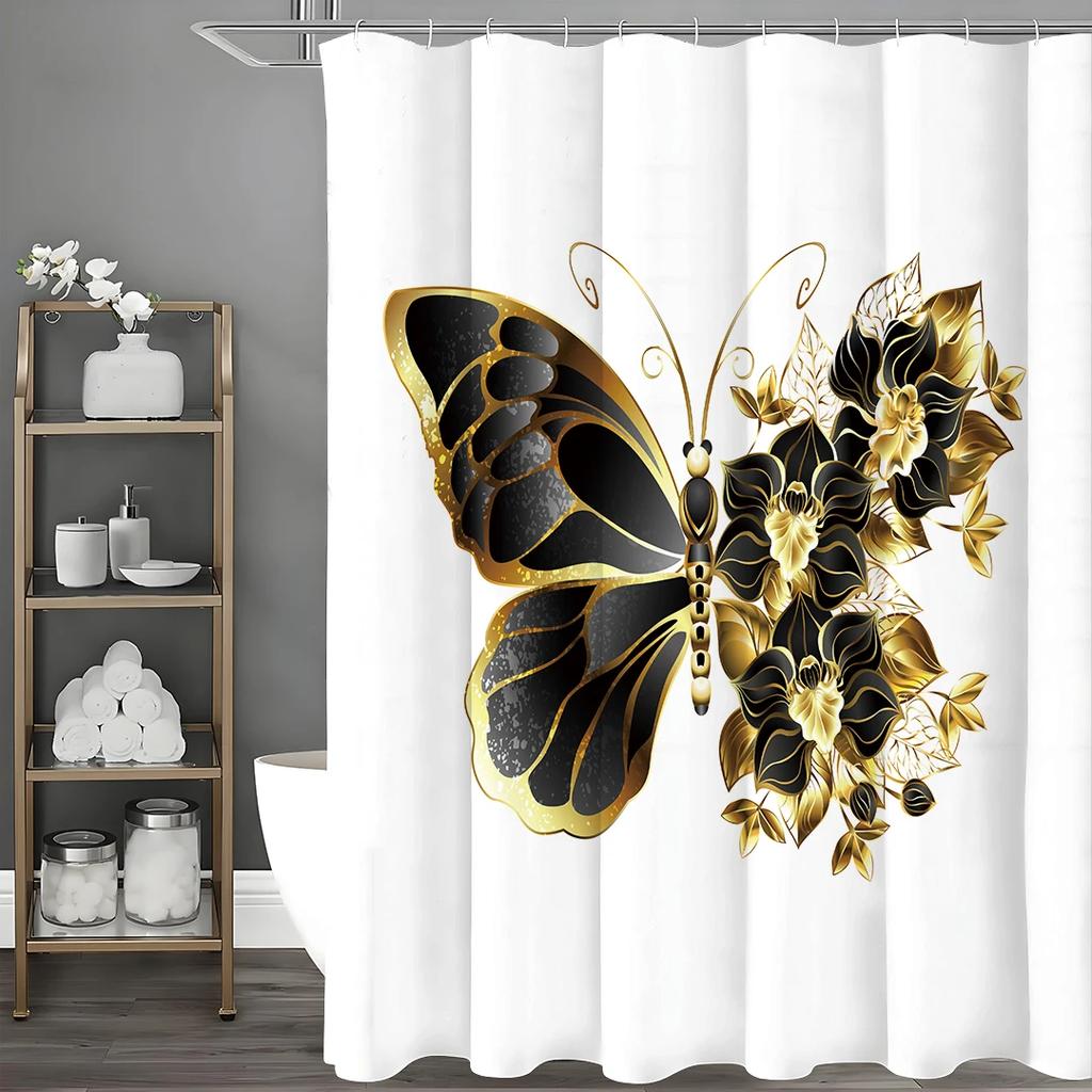 Black and Gold Creative Butterfly Shower Curtain, Bathroom Decorative Shower Curtain, Waterproof Shower Curtain with Hooks