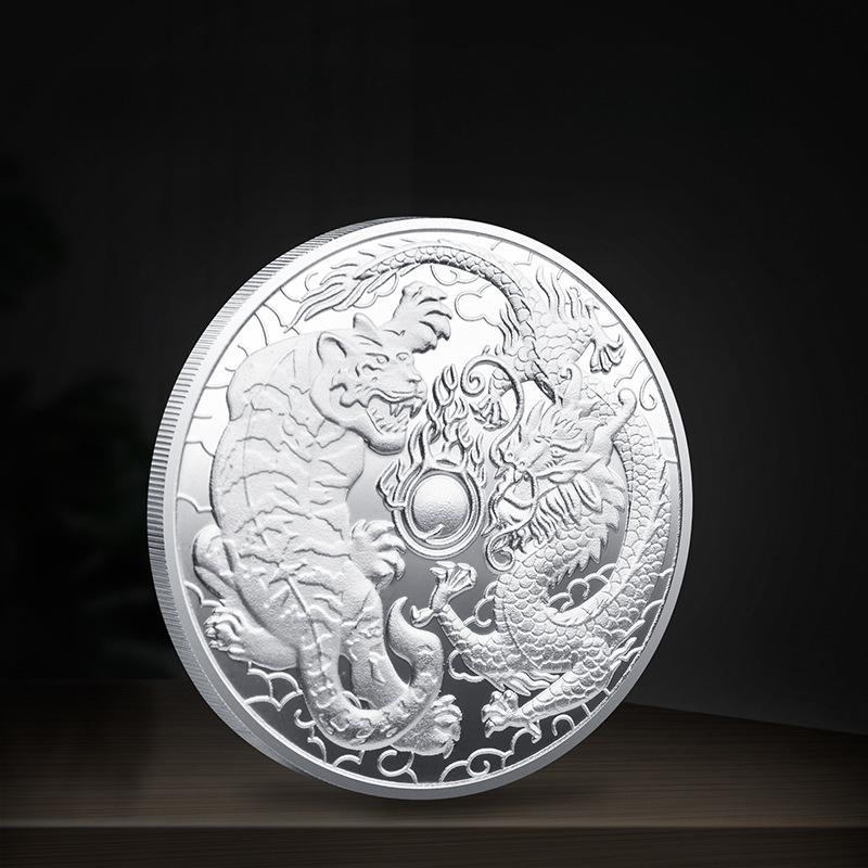 Chinese Style Zodiac Tiger Head Silver Plated Commemorative Coin Collectible Animals Embossed Dragon Tiger Fighting Feng Shui Gold Coin
