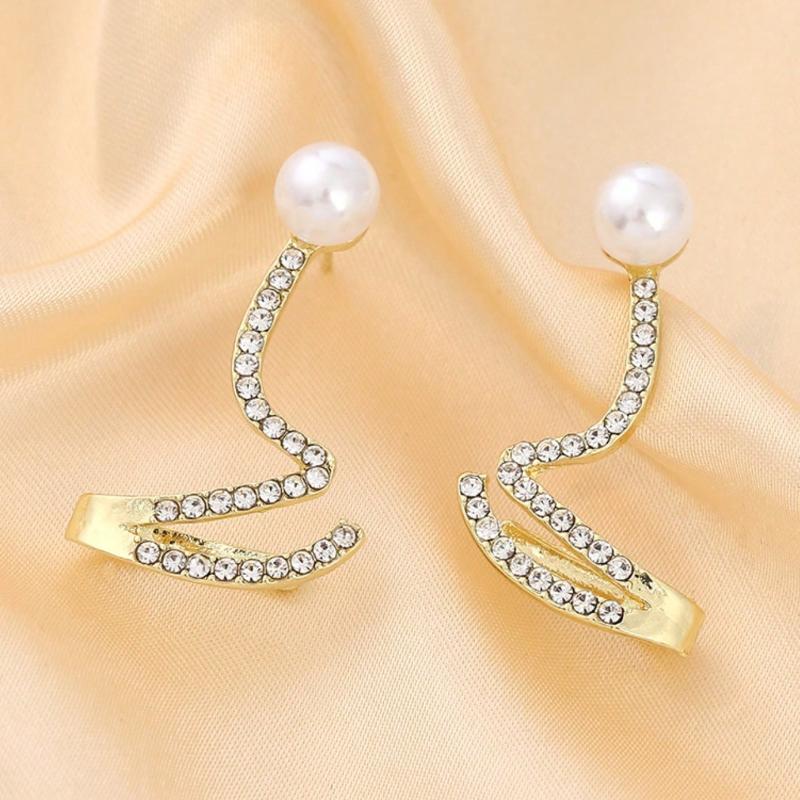1pair Elegant and Simple Wave-Shaped Faux Pearl and Rhinestone Ear Studs Suitable for Women's Daily, Festivals or Parties