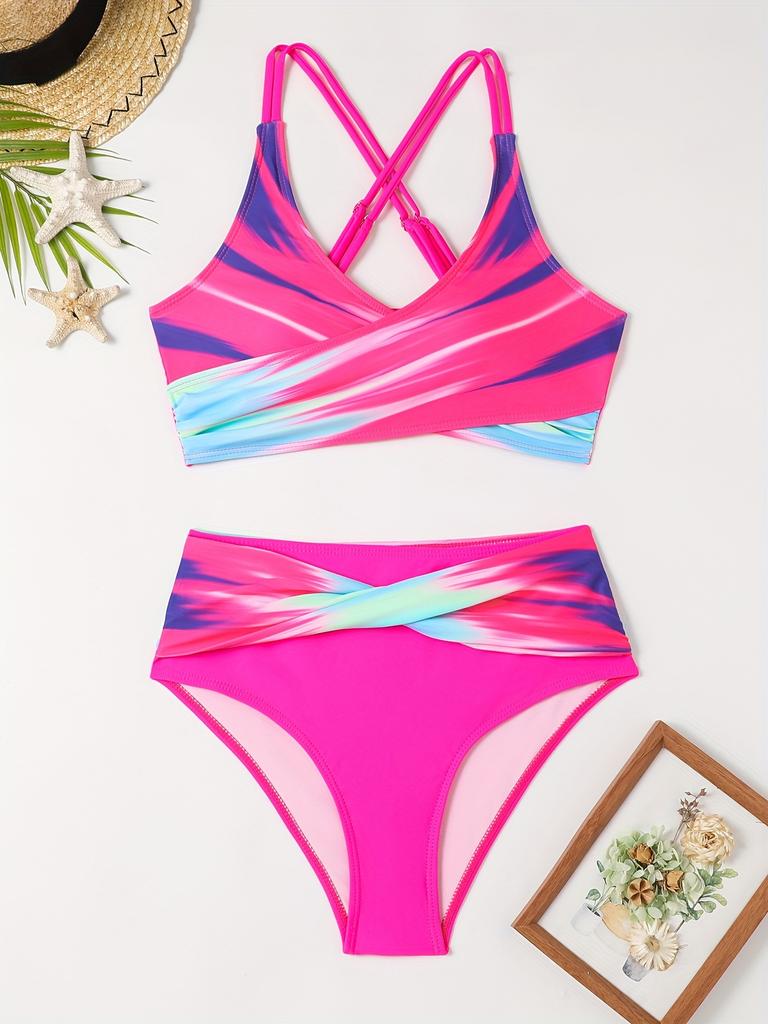 2 Piece Magenta Criss Cross Ombre Bikini Set - High Waist, Stretchy, High Cut - Women's Swimwear