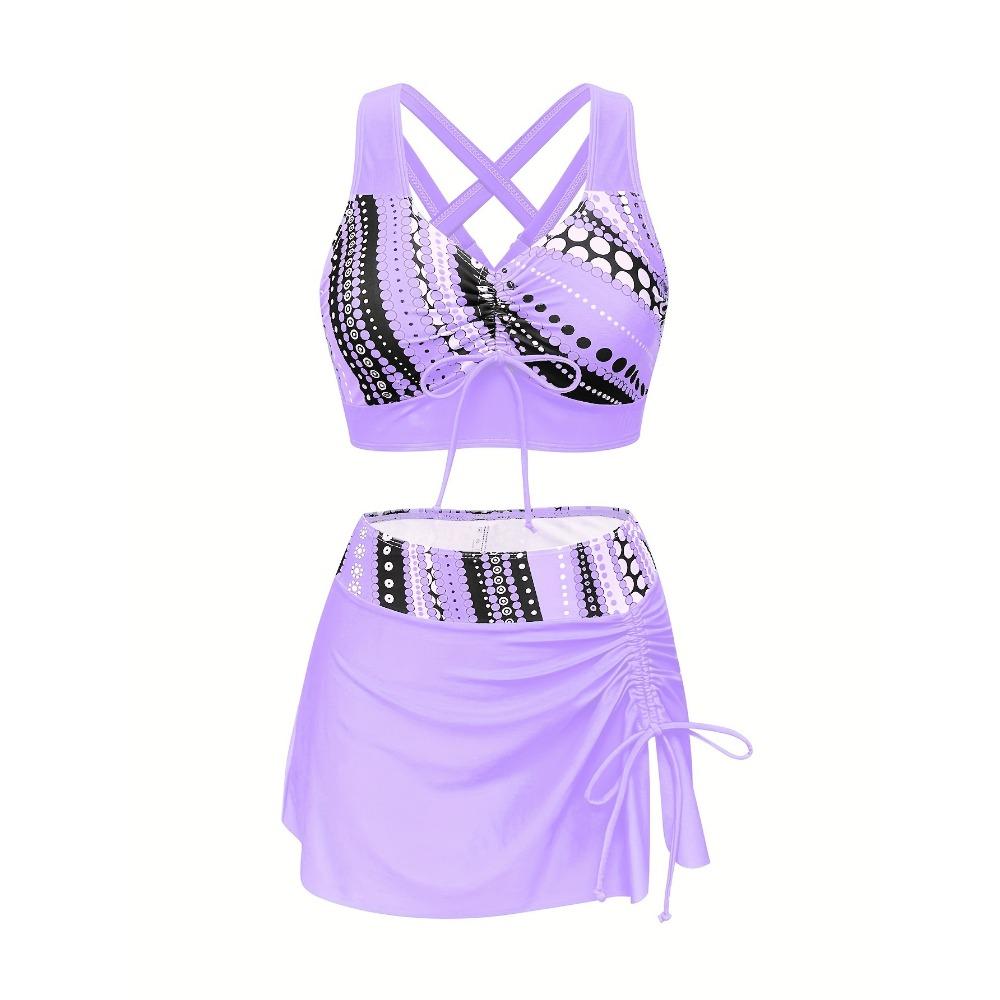 Conjunto de Traje de Baño de 3 Piezas para Mujer, Bikini de Moda con Falda, Ropa de Playa, Top de Lazo Ajustable y Falda con Cordón Lateral