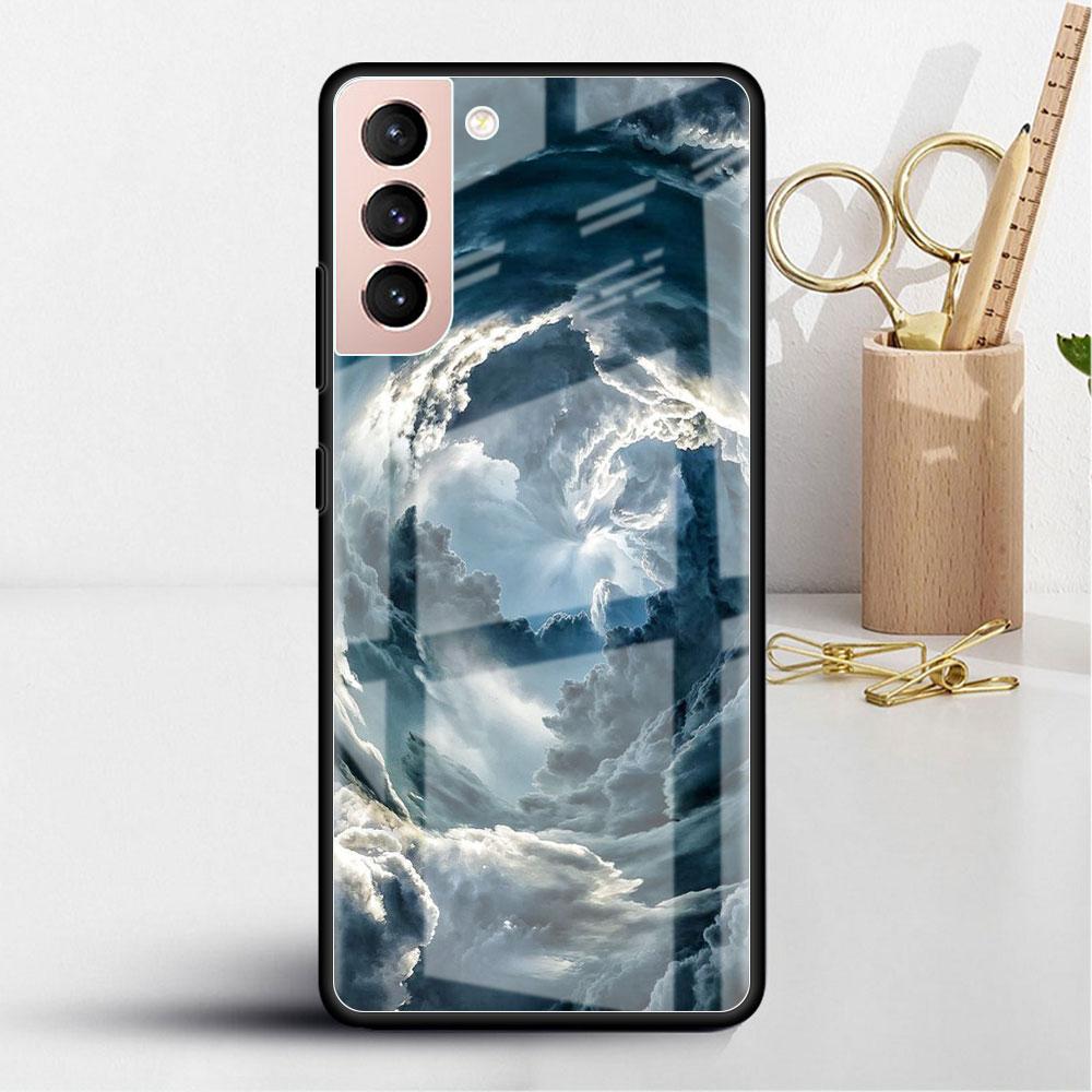 Glass Case For Samsung Galaxy S22 S20 FE S21 5G S10 S9 Plus Note 10 20 Lite Tempered Phone Cover Star Cloud