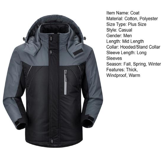 Winter Outdoor Coat Stand Collar Neck Protection Hooded Long Sleeve Thick Padded Cold-proof Zipper Closure Windproof Plus Size Men Winter Jacket