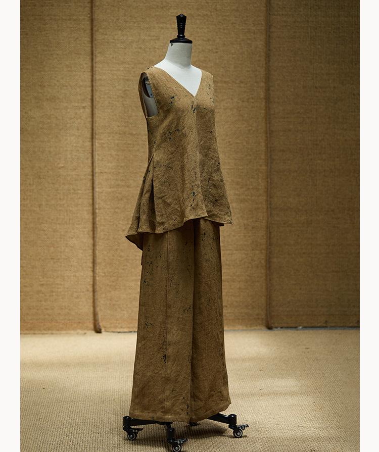 Autumn Origami-Inspired Sleeveless Linen Top with Mottled Texture