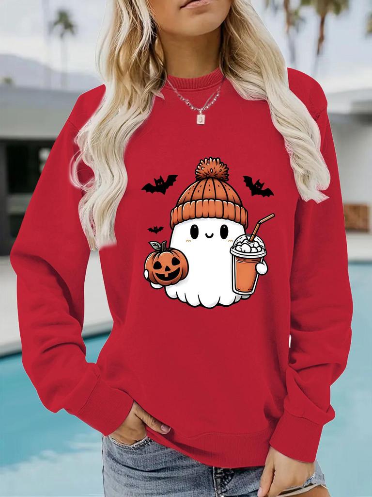 European and American Autumn/Winter Women's Cartoon Print Pullover Sweatshirt with Long Sleeves and Round Neck for Halloween