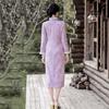 Womens Long Sleeve Winter Warm Chinese-Inspired Midi Dress With Stand Collar Closure Fleece-Lined Velvet Fabric
