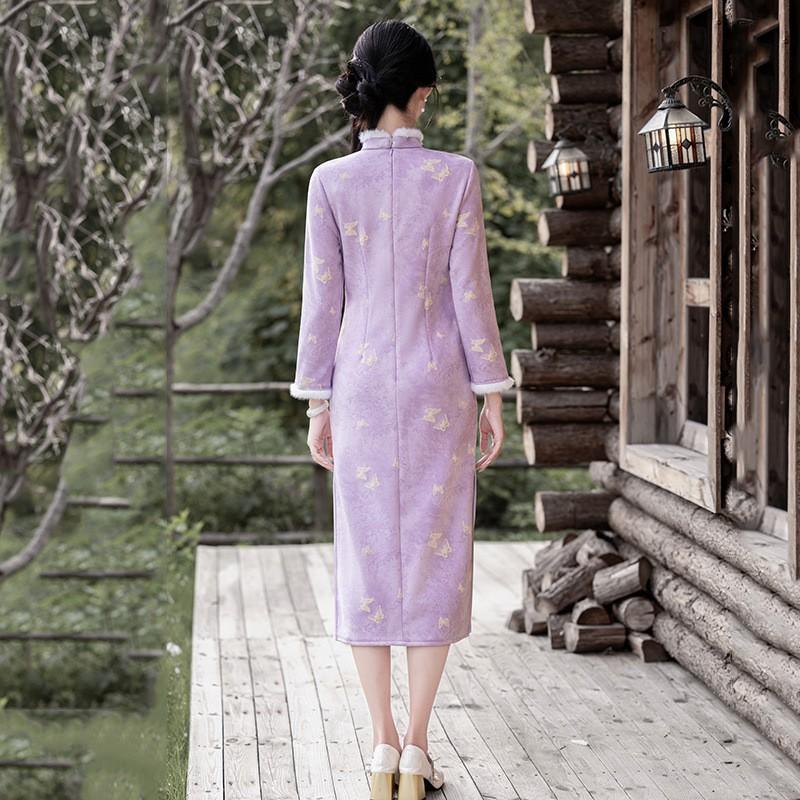 Womens Long Sleeve Winter Warm Chinese-Inspired Midi Dress With Stand Collar Closure Fleece-Lined Velvet Fabric