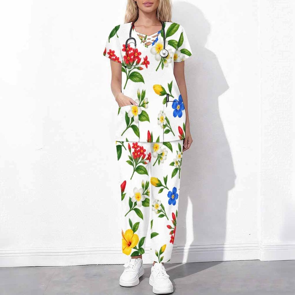 Women Plus Size Floral Printed Cutout Neck Short Sleeve Scrub Set With Pockets Top And Long Pants Two Piece